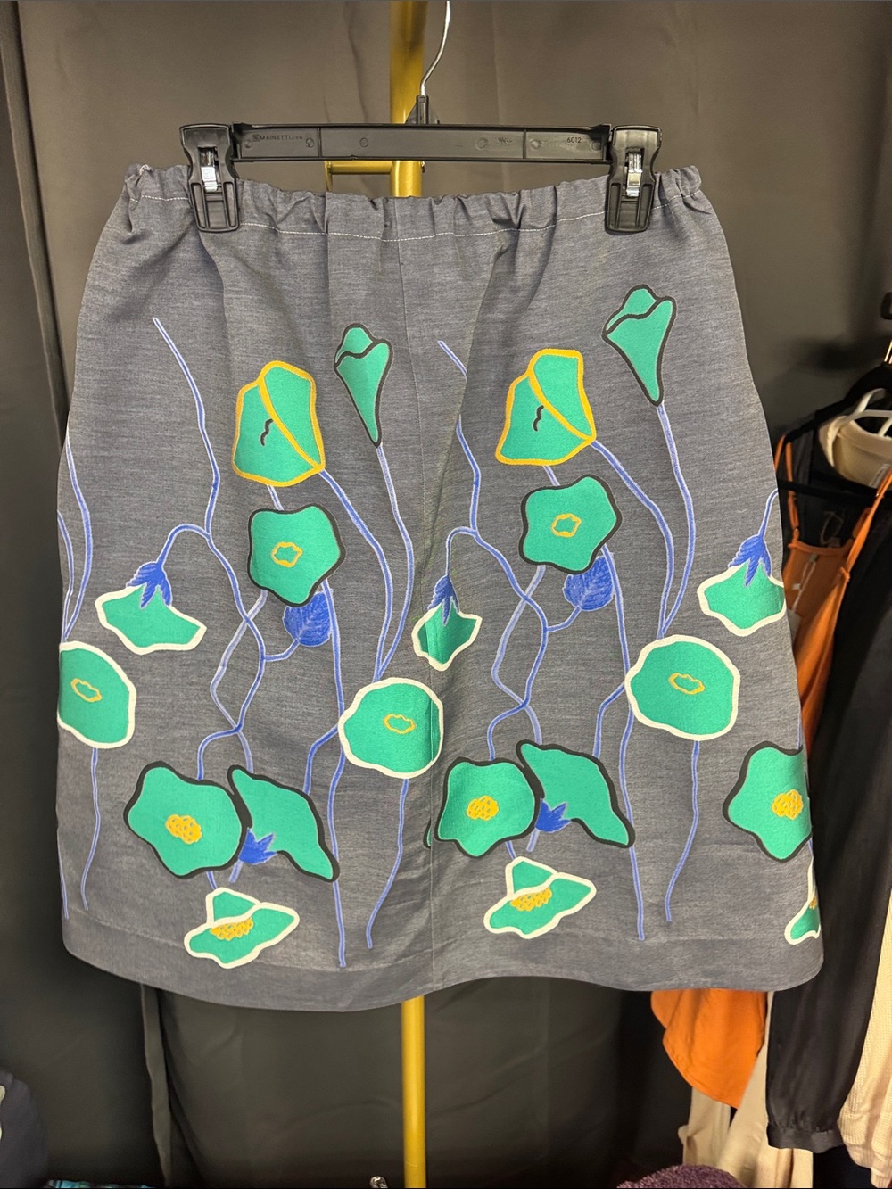 Giorgio Armani Gray A-Line Skirt with Teal and Yellow Floral Motif